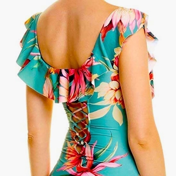 La Blanca Women's Off Shoulder Ruffle Blue One Piece Swimsuit - Picture 6 of 12